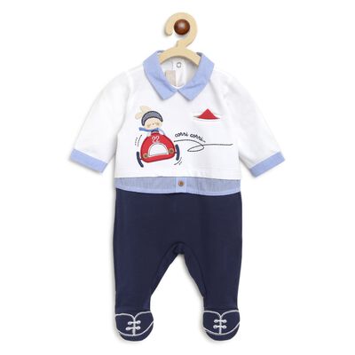 Boys Medium Blue Printed Nappy Opening Babysuit